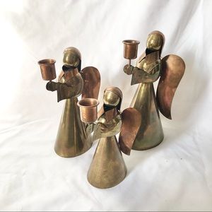 Set of 3 Brass & Copper Angel Candleholders